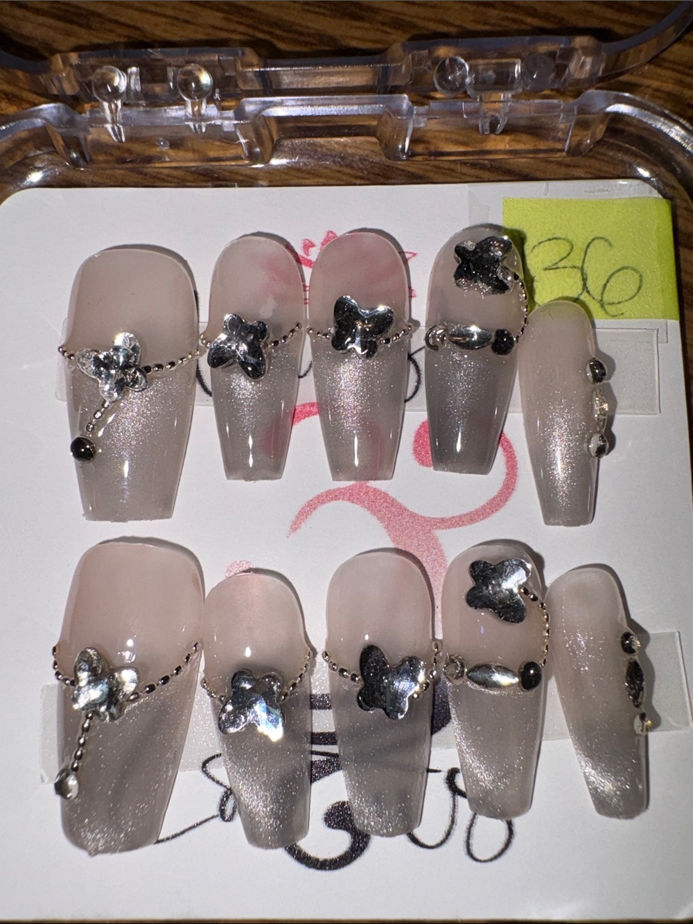 Silver Butterfly Accent Nude Pink Press-On Nails - Unbranded